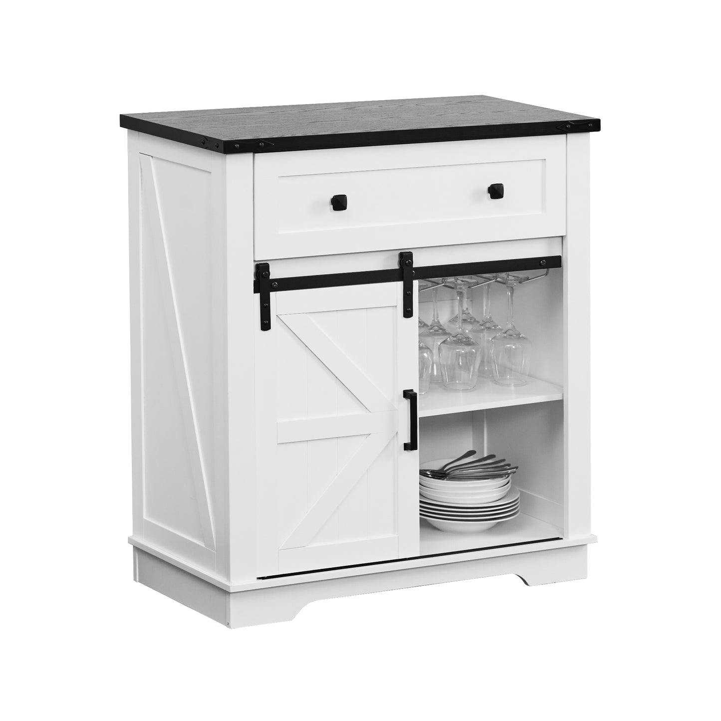 Winlice Farmhouse Coffee Bar Cupboard Cabinet with Drawer, Adjustable Storage Shelves, Modern Buffet Sideboard with Sliding Barn Door for Kitchen, Bathroom, Living Room, 32 Inch White