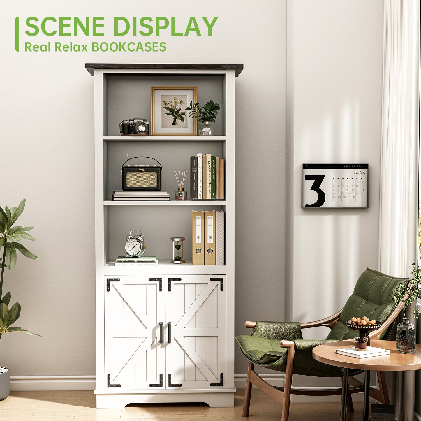 Winlice Farmhouse Bookcase Storage Cabinet, Floor Standing Storage Cabinet with Doors and Adjustable Shelves for Study, Living Room, Bedroom, Kitchen, 5 Shelf Bookshelf White