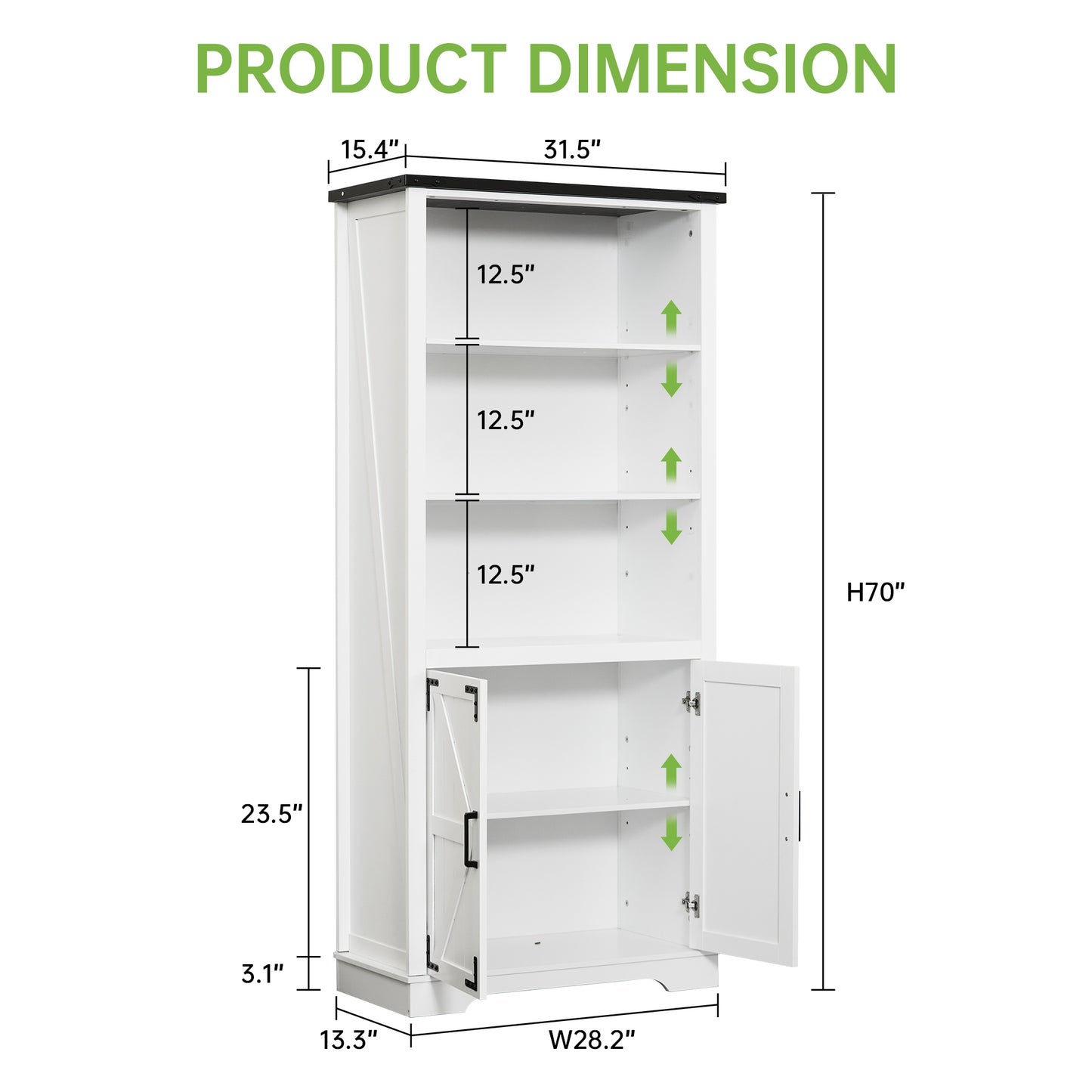 Winlice Farmhouse Bookcase Storage Cabinet, Floor Standing Storage Cabinet with Doors and Adjustable Shelves for Study, Living Room, Bedroom, Kitchen, 5 Shelf Bookshelf White