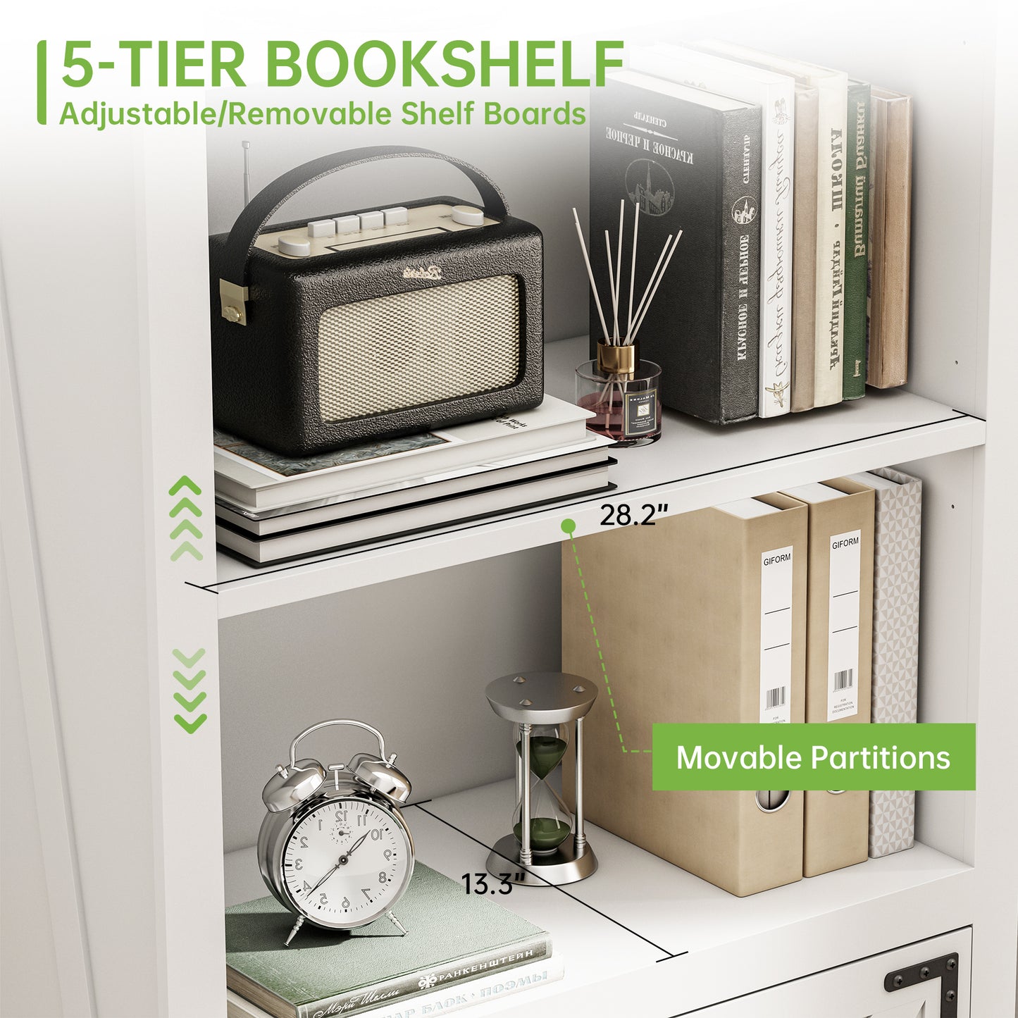 Winlice Farmhouse Bookcase Storage Cabinet, Floor Standing Storage Cabinet with Doors and Adjustable Shelves for Study, Living Room, Bedroom, Kitchen, 5 Shelf Bookshelf White