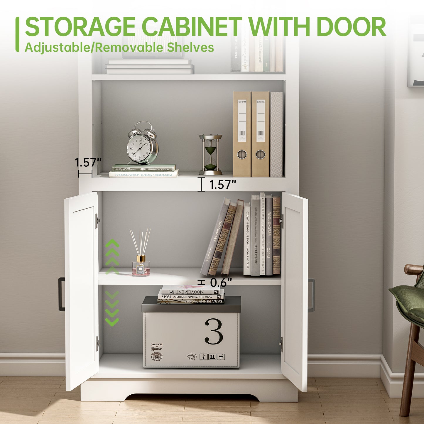 Winlice Farmhouse Bookcase Storage Cabinet, Floor Standing Storage Cabinet with Doors and Adjustable Shelves for Study, Living Room, Bedroom, Kitchen, 5 Shelf Bookshelf White