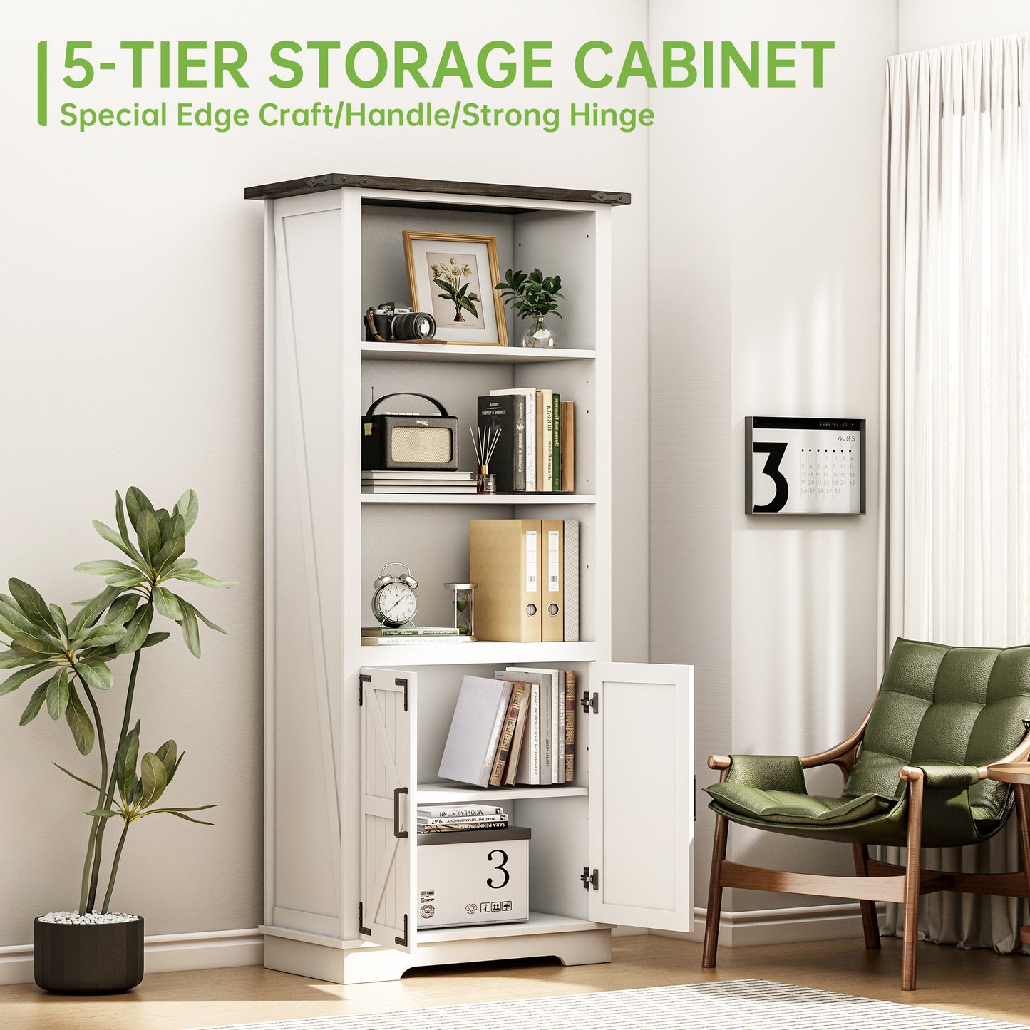 Winlice Farmhouse Bookcase Storage Cabinet, Floor Standing Storage Cabinet with Doors and Adjustable Shelves for Study, Living Room, Bedroom, Kitchen, 5 Shelf Bookshelf White