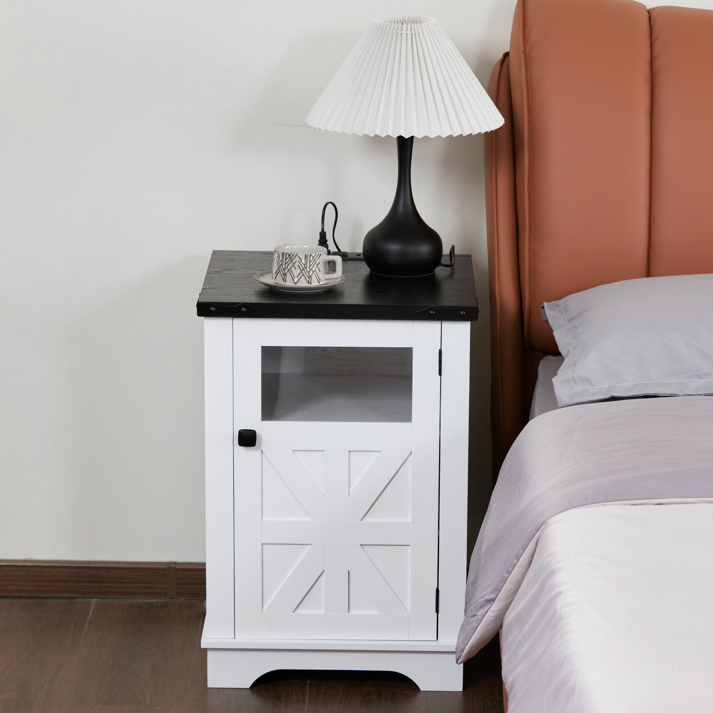 End Table with Power Outlet and USB Port, Nightstand with Adjustable Storage Shelf Board with Clear Acrylic Panel, Thickened Density Board, Wood Rustic Sofa Side Table for Living Room, Bedroom