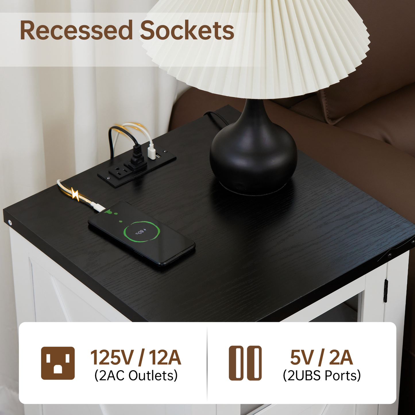 End Table with Power Outlet and USB Port, Nightstand with Adjustable Storage Shelf Board with Clear Acrylic Panel, Thickened Density Board, Wood Rustic Sofa Side Table for Living Room, Bedroom