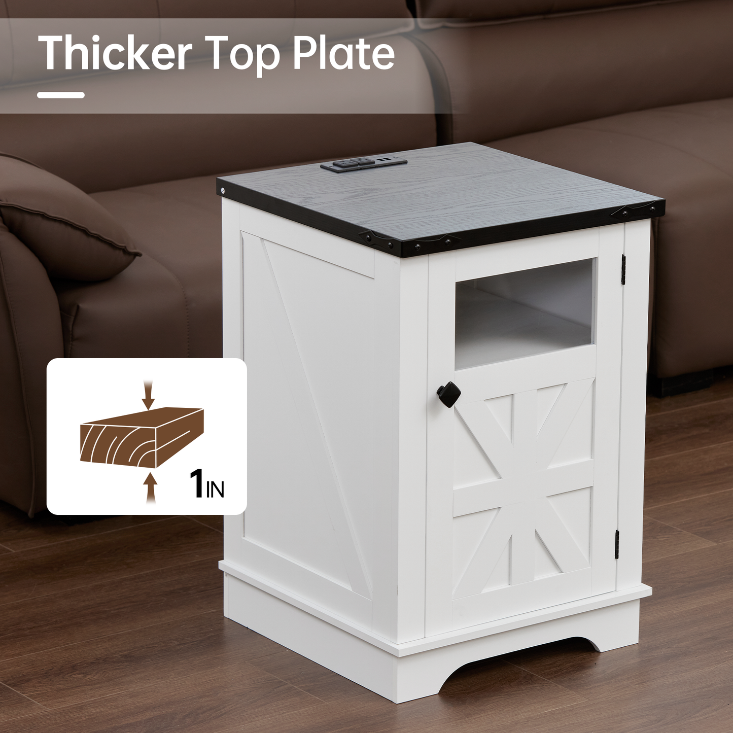 End Table with Power Outlet and USB Port, Nightstand with Adjustable Storage Shelf Board with Clear Acrylic Panel, Thickened Density Board, Wood Rustic Sofa Side Table for Living Room, Bedroom
