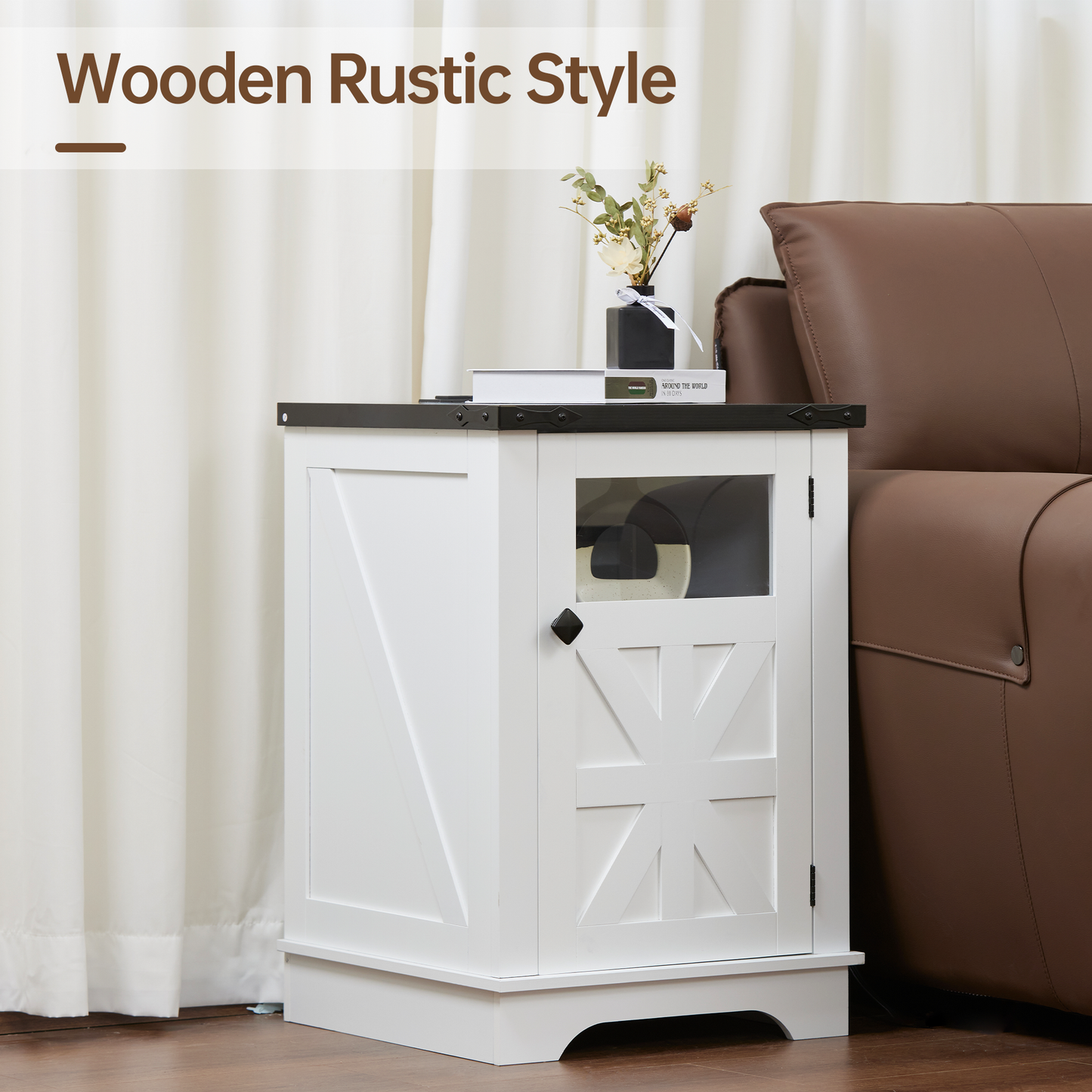 End Table with Power Outlet and USB Port, Nightstand with Adjustable Storage Shelf Board with Clear Acrylic Panel, Thickened Density Board, Wood Rustic Sofa Side Table for Living Room, Bedroom