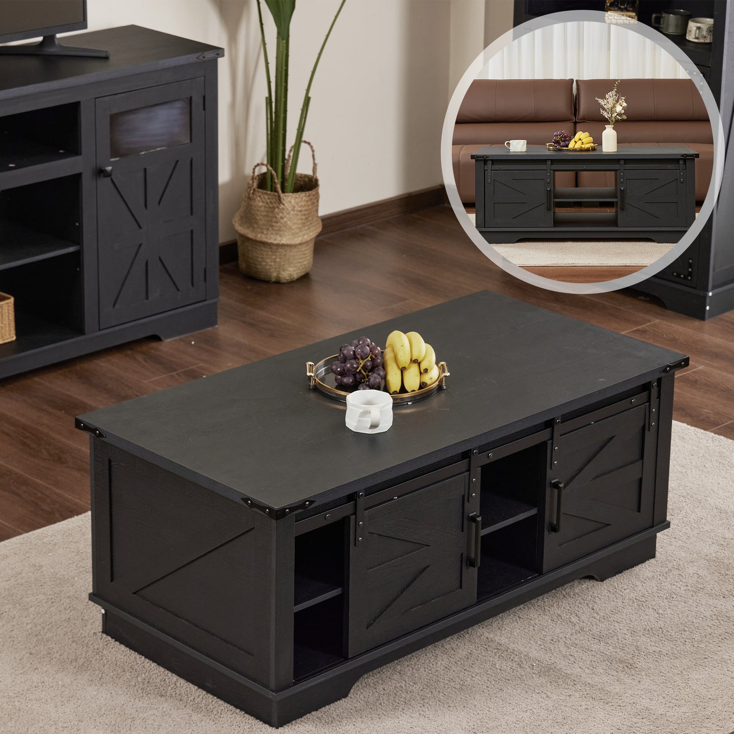Winlice 48-inch Farmhouse Coffee Table, Four Sliding Barn Doors with Double Storage Cabinets, Adjustable Shelf Board, Delicate Textured Finish on Top, Suitable for Living Room, Office black