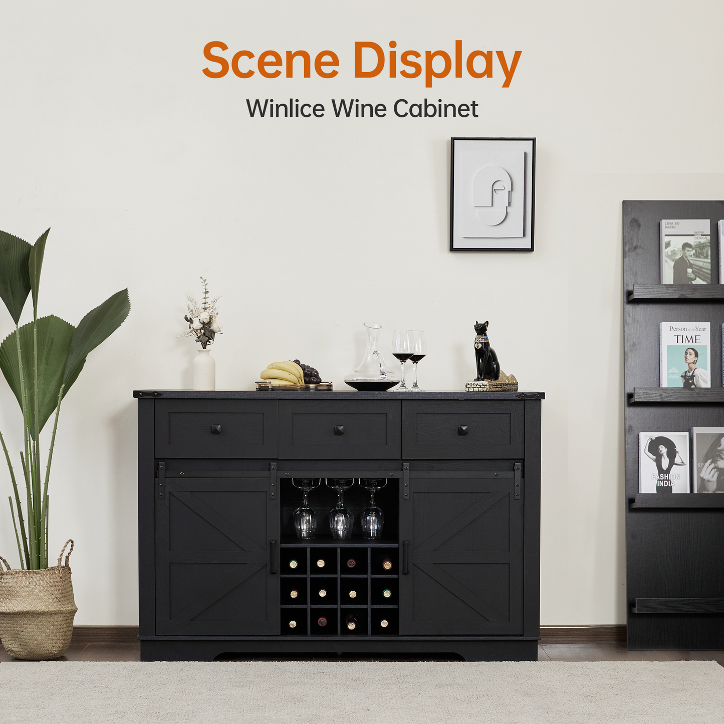 Winlice Farmhouse Coffee Bar Cabinet, Sideboard Wine Cabinet with 3 Drawers, Adjustable Storage Shelves, Sliding Barn Door, Wine and Glass Rack Cupboard for Kitchen, Dining Room, 54 Inch Black
