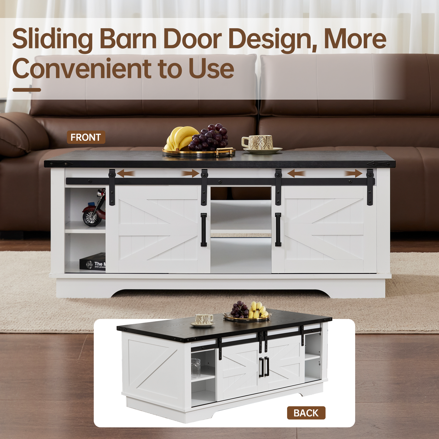 Winlice 48-inch Farmhouse Coffee Table, Four Sliding Barn Doors with Double Storage Cabinets, Adjustable Shelf Board, Delicate Textured Finish on Top, Suitable for Living Room, Office