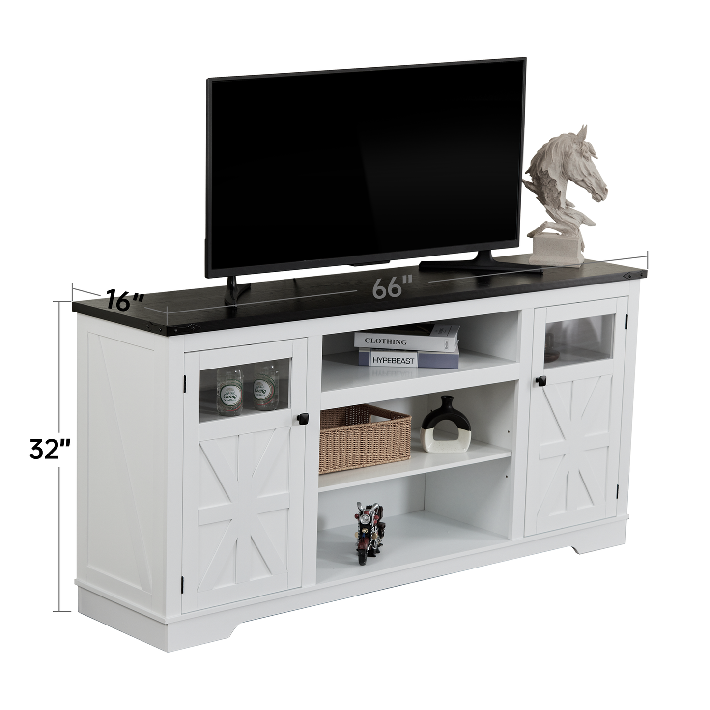 Farmhouse TV Stand for 75 in TV with Adjustable Partitions, 66 in TV Cabinet, 32 in Tall Entertainment Center, with Storage Shelves, MDF, Rustic Media Console, Suitable for Living Room, White