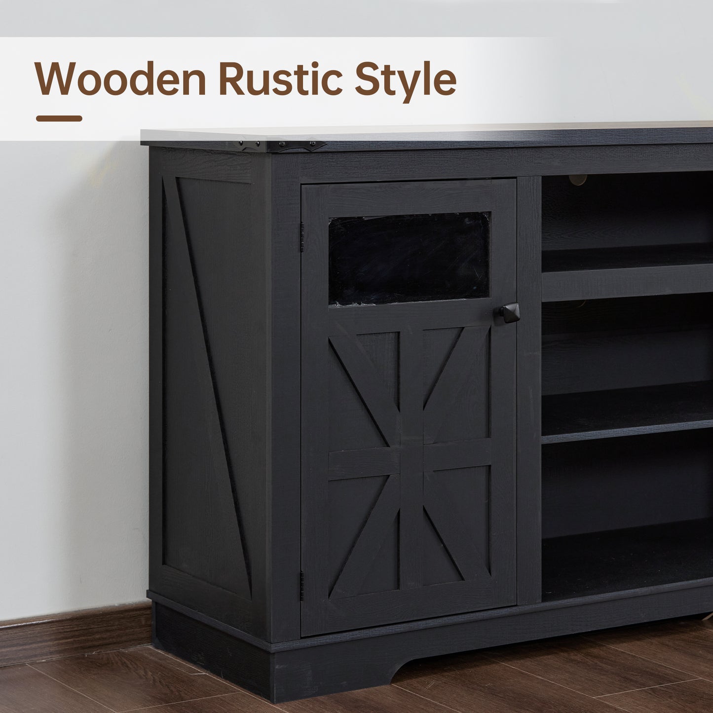 Farmhouse TV Stand for 75 in TV with Adjustable Partitions, 66 in TV Cabinet, 32 in Tall Entertainment Center, with Storage Shelves, MDF, Rustic Media Console, Suitable for Living Room, black