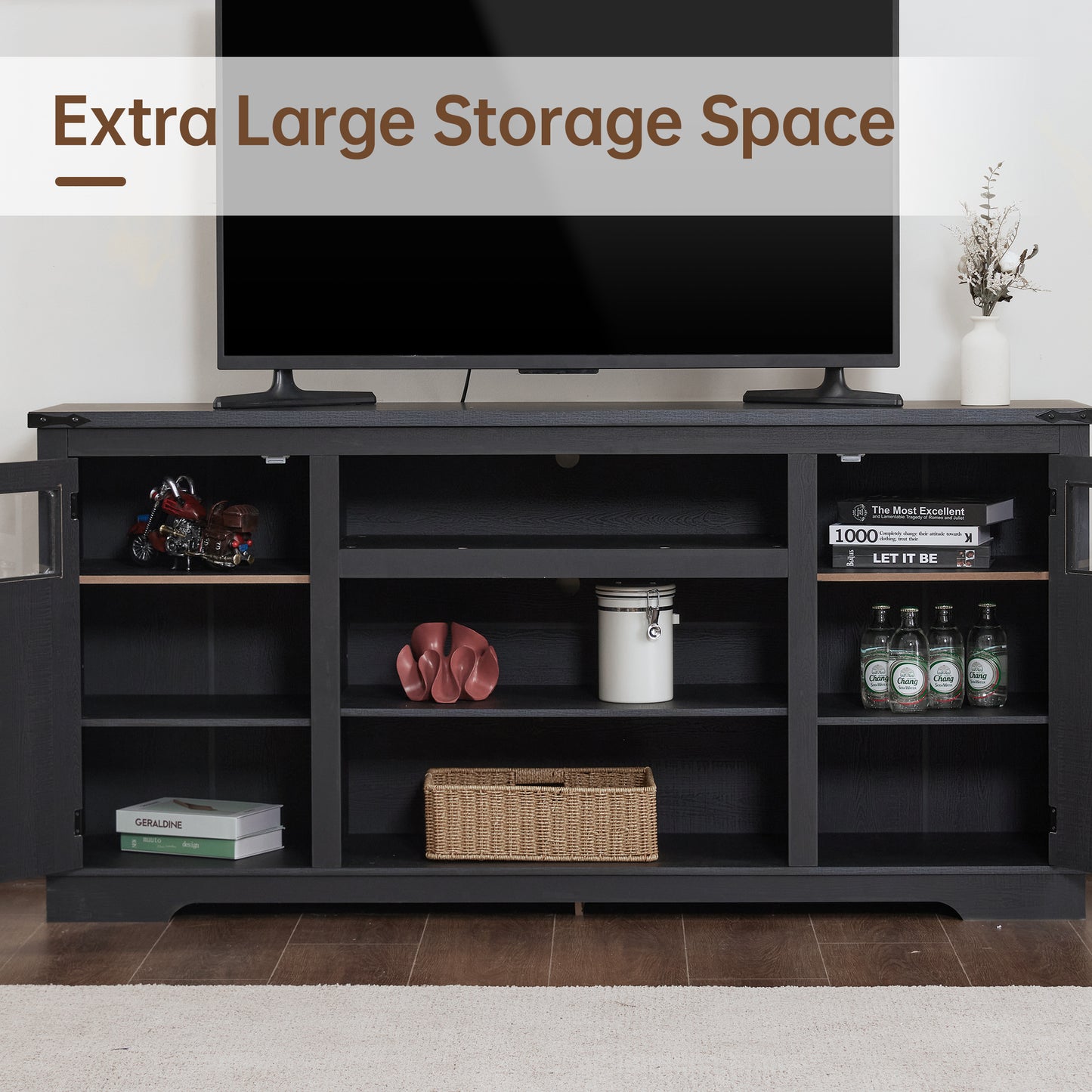 Farmhouse TV Stand for 75 in TV with Adjustable Partitions, 66 in TV Cabinet, 32 in Tall Entertainment Center, with Storage Shelves, MDF, Rustic Media Console, Suitable for Living Room, black