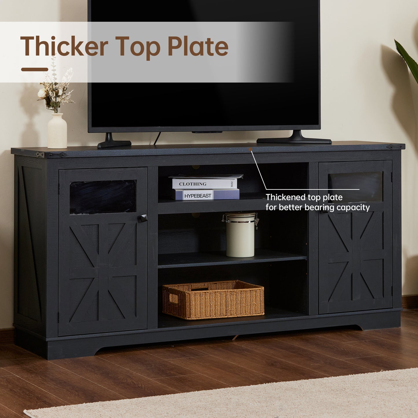 Farmhouse TV Stand for 75 in TV with Adjustable Partitions, 66 in TV Cabinet, 32 in Tall Entertainment Center, with Storage Shelves, MDF, Rustic Media Console, Suitable for Living Room, black