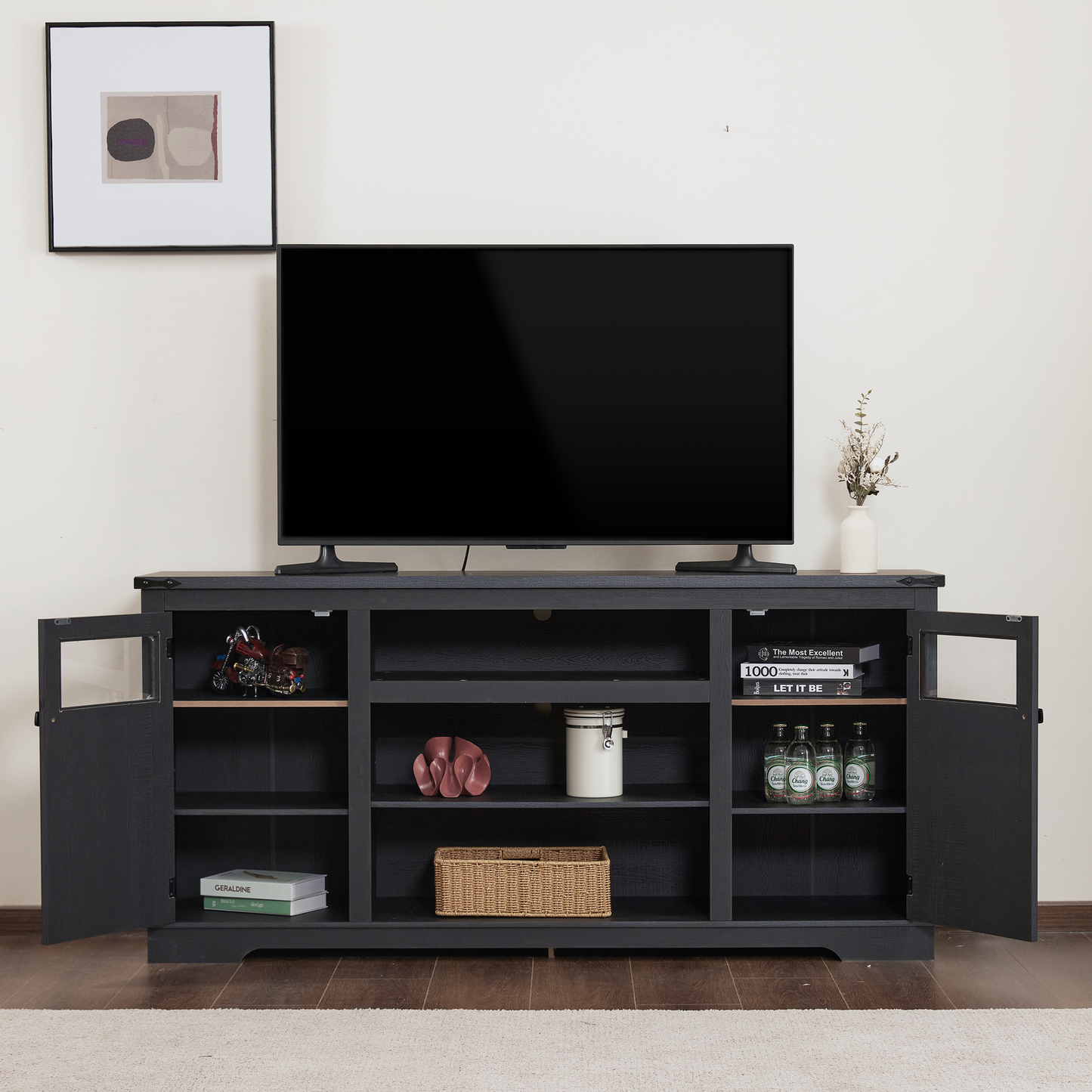 Farmhouse TV Stand for 75 in TV with Adjustable Partitions, 66 in TV Cabinet, 32 in Tall Entertainment Center, with Storage Shelves, MDF, Rustic Media Console, Suitable for Living Room, black