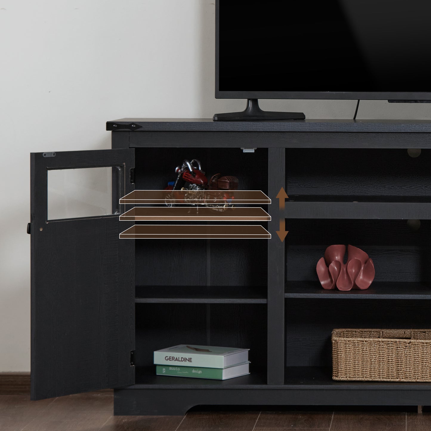 Farmhouse TV Stand for 75 in TV with Adjustable Partitions, 66 in TV Cabinet, 32 in Tall Entertainment Center, with Storage Shelves, MDF, Rustic Media Console, Suitable for Living Room, black