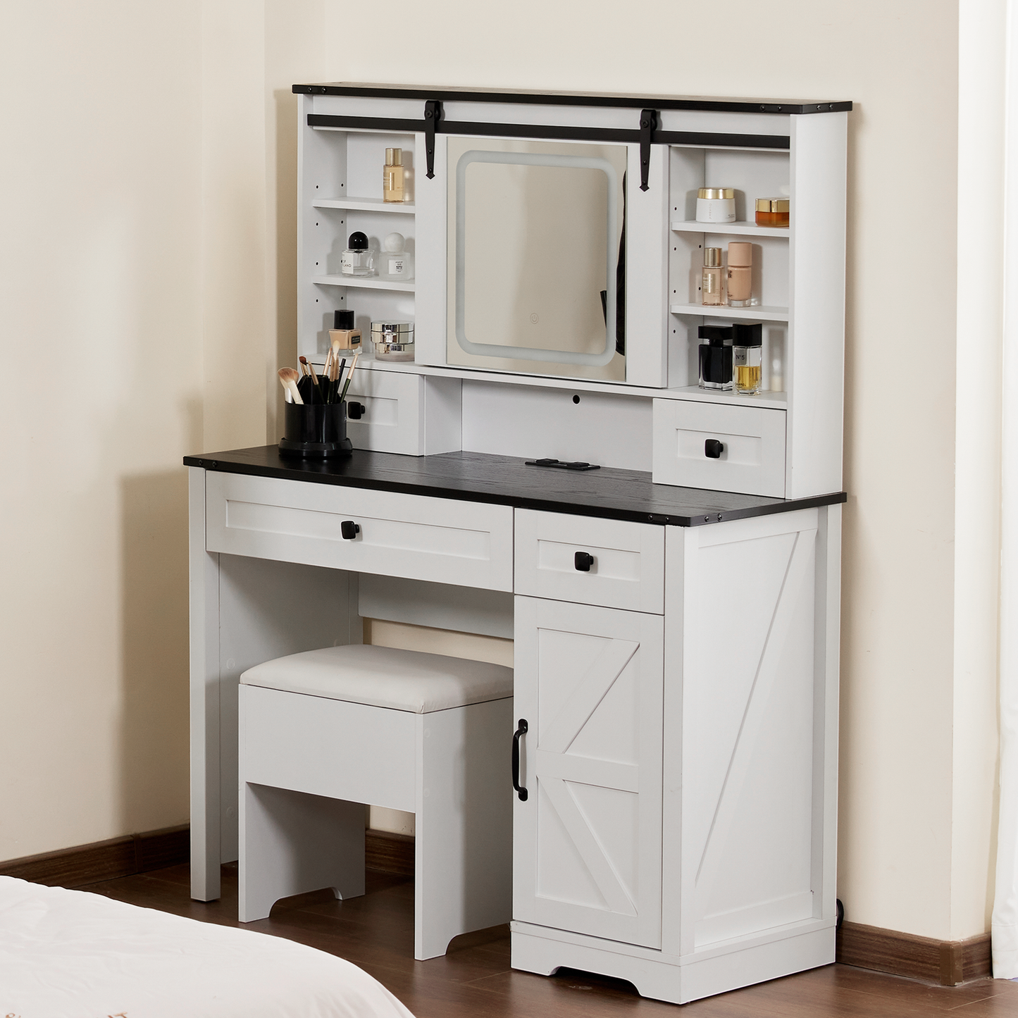 Farmhouse Makeup Vanity Desk with Electrical Outlet, Sliding Mirror and LED Lights, Adjustable Light Color Brightness, 42-Inch Tabletop Dresser, Multiple Storage Space, Dresser Set with a Stool, White