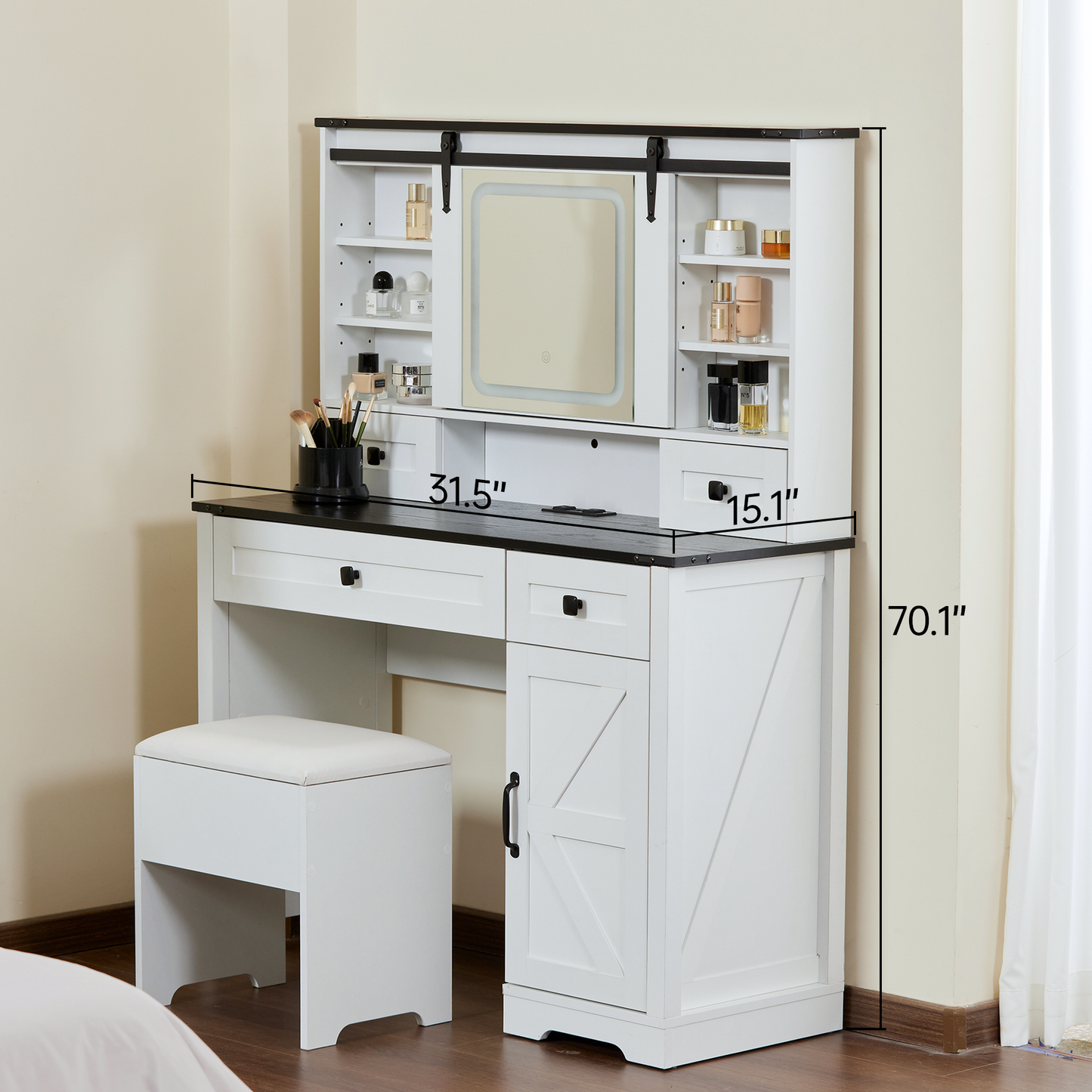 Farmhouse Makeup Vanity Desk with Electrical Outlet, Sliding Mirror and LED Lights, Adjustable Light Color Brightness, 42-Inch Tabletop Dresser, Multiple Storage Space, Dresser Set with a Stool, White
