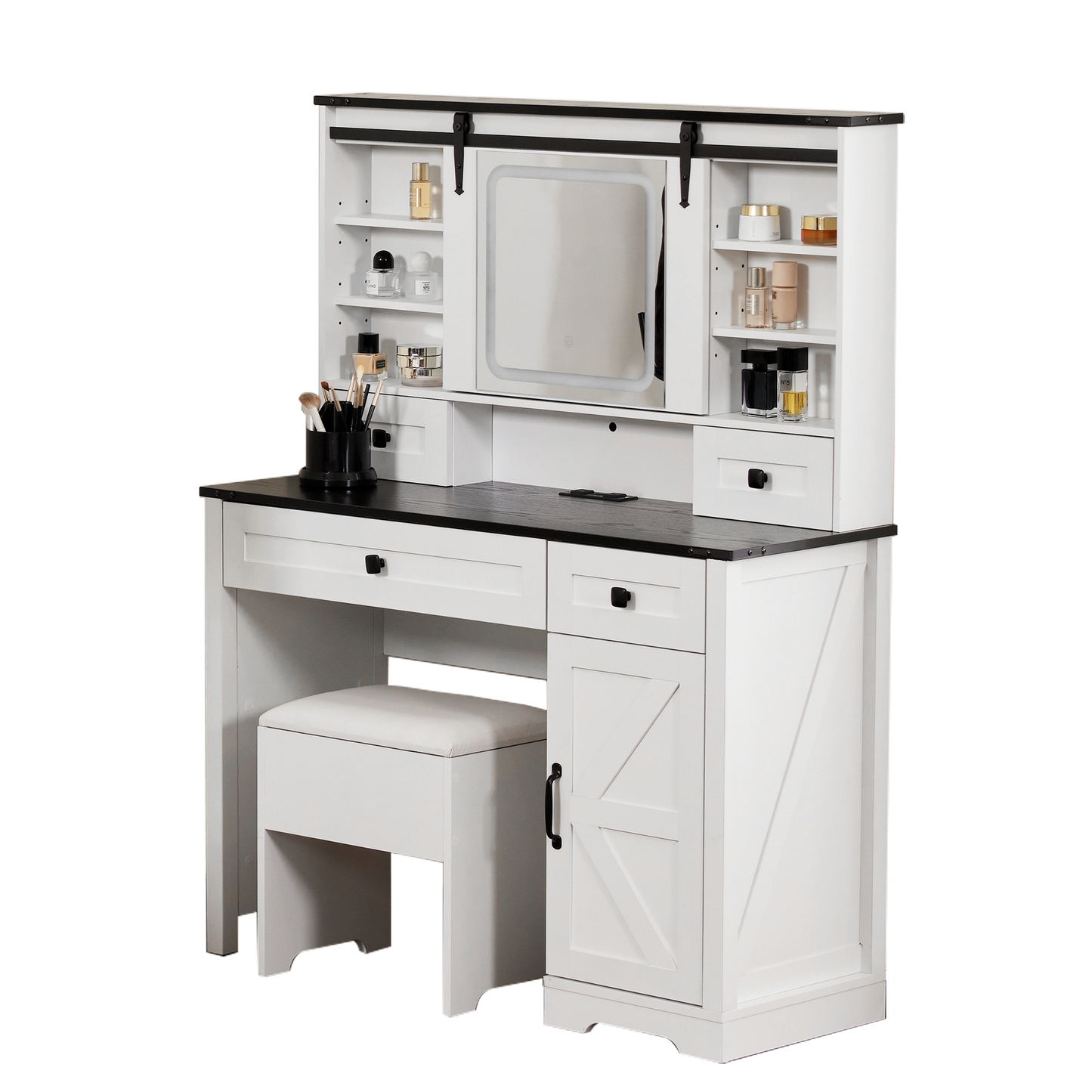 Farmhouse Makeup Vanity Desk with Electrical Outlet, Sliding Mirror and LED Lights, Adjustable Light Color Brightness, 42-Inch Tabletop Dresser, Multiple Storage Space, Dresser Set with a Stool, White