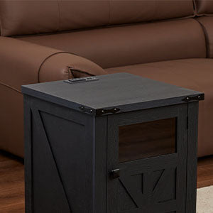 End Table with Power Outlet and USB Port, Nightstand with Adjustable Storage Shelf Board with Clear Acrylic Panel, Thickened Density Board, Wood Rustic Sofa Side Table for Living Room, Bedroom, Black