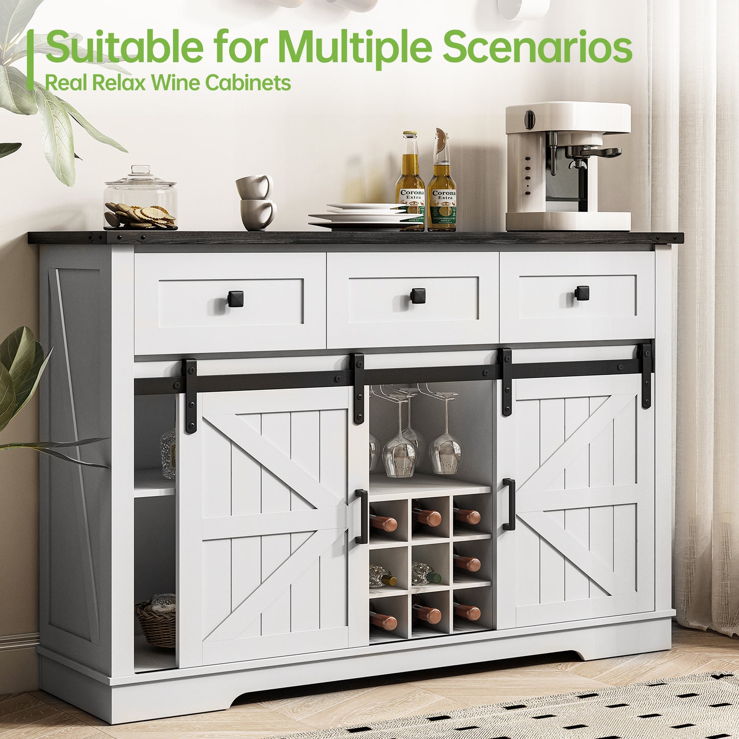 Winlice Farmhouse Buffet Cabinet with Storage, Sideboard Wine Cabinet with 3 Drawers, Adjustable Storage Shelves, Sliding Barn Door, Wine and Glass Rack Cupboard for Dining Room, 54 Inch White