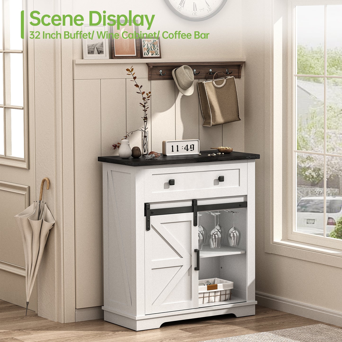 Winlice Farmhouse Coffee Bar Cupboard Cabinet with Drawer, Adjustable Storage Shelves, Modern Buffet Sideboard with Sliding Barn Door for Kitchen, Bathroom, Living Room, 32 Inch White