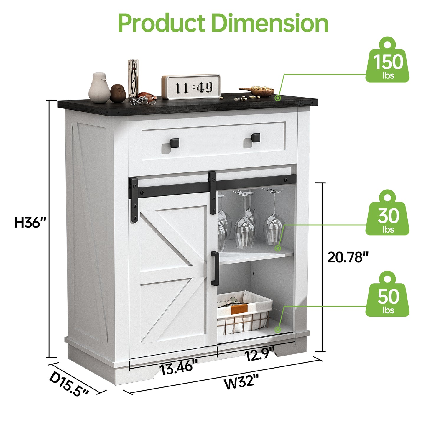Winlice Farmhouse Coffee Bar Cupboard Cabinet with Drawer, Adjustable Storage Shelves, Modern Buffet Sideboard with Sliding Barn Door for Kitchen, Bathroom, Living Room, 32 Inch White