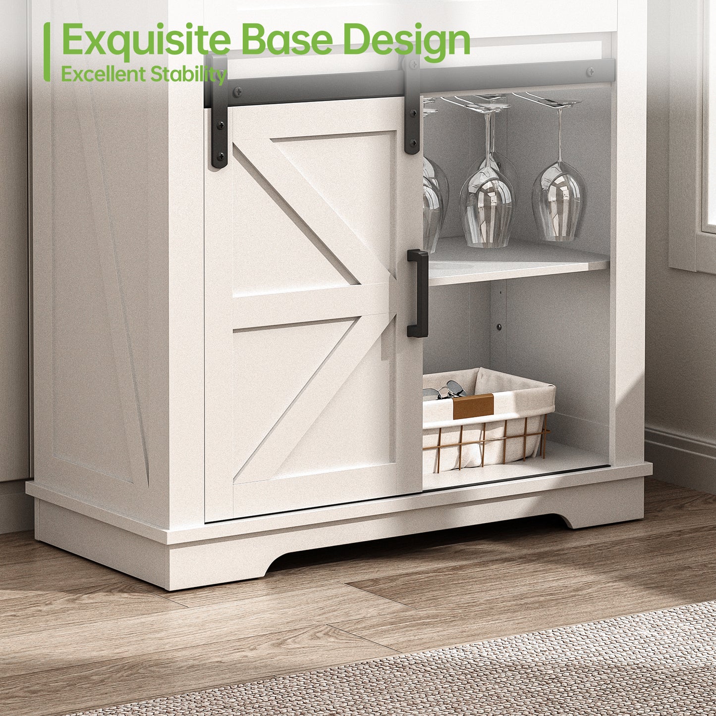 Winlice Farmhouse Coffee Bar Cupboard Cabinet with Drawer, Adjustable Storage Shelves, Modern Buffet Sideboard with Sliding Barn Door for Kitchen, Bathroom, Living Room, 32 Inch White