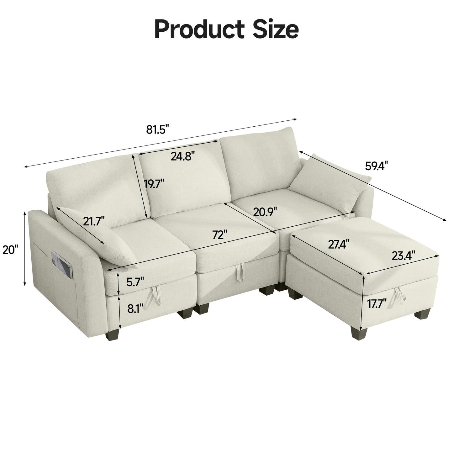 Convertible 3 Seats L-Shaped Sectional Sofa Couch, Linen Fabric Modular Sofa with Movable Ottoman for Small Apartments, Living Room, Office and Commercial Space, Beige