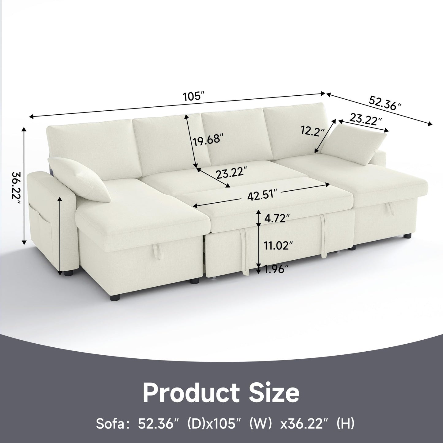4-in-1 Sofa Bed, U Shaped Sleeper Sofa with Pull Out Bed and Double Storage Chaise Sectional Couch for Living Room, Apartment and Hotel