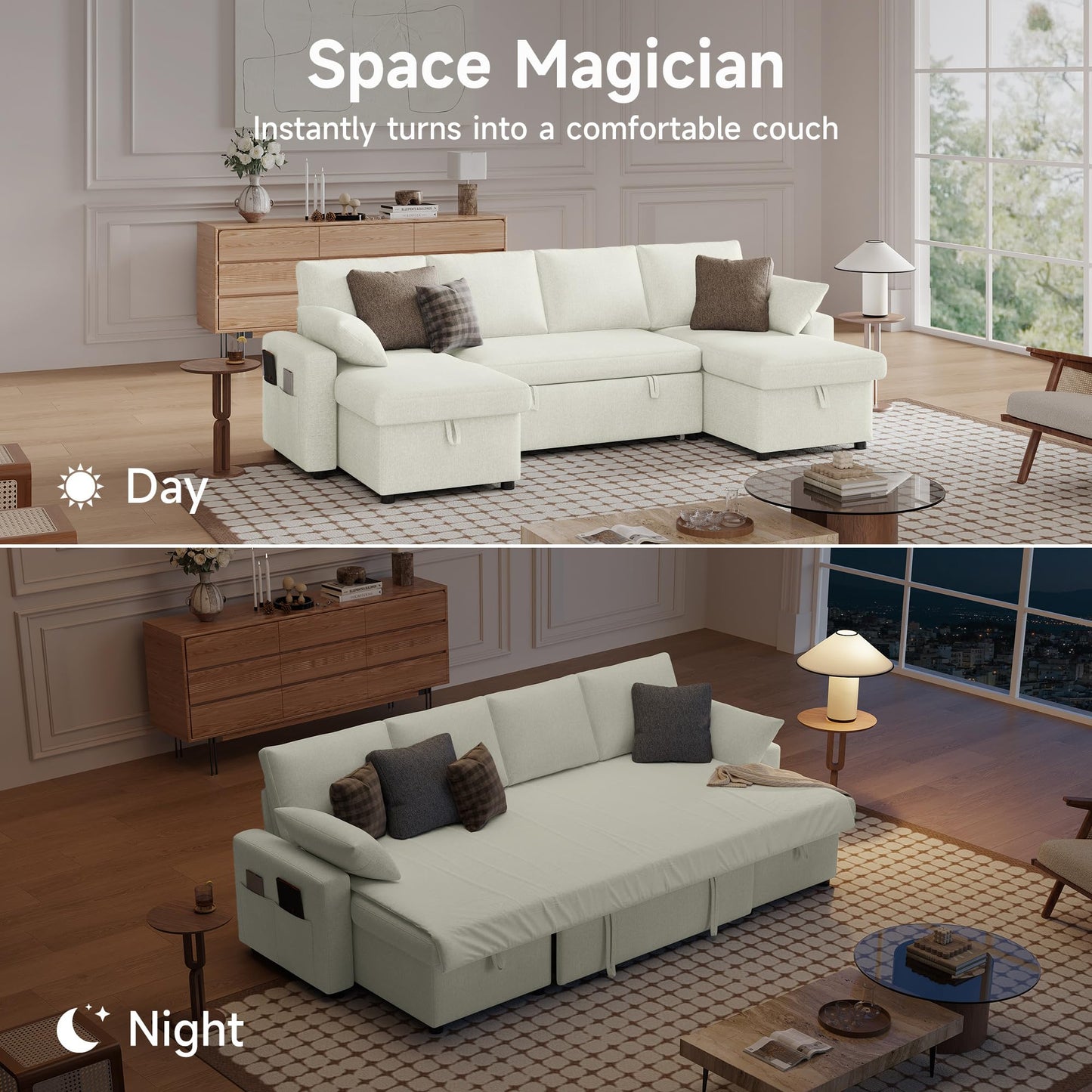 4-in-1 Sofa Bed, U Shaped Sleeper Sofa with Pull Out Bed and Double Storage Chaise Sectional Couch for Living Room, Apartment and Hotel