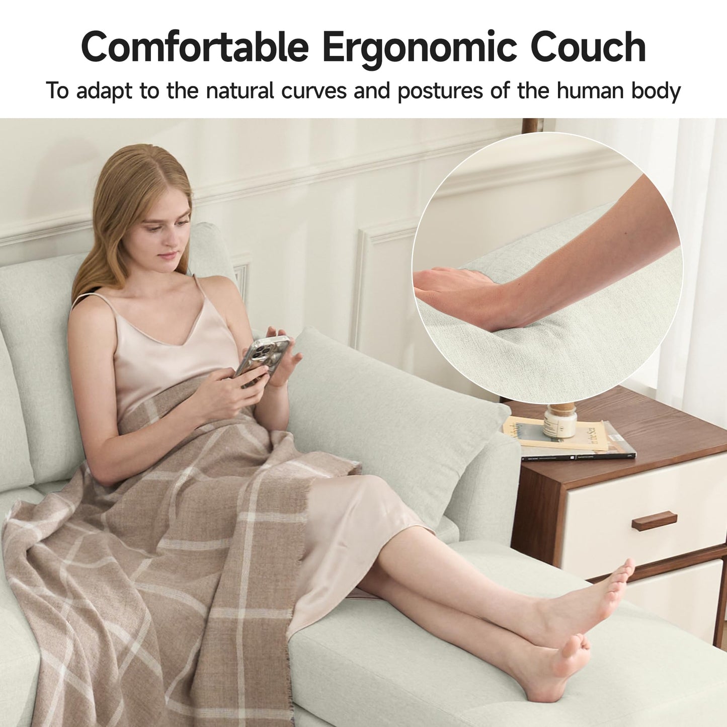Convertible 3 Seats L-Shaped Sectional Sofa Couch, Linen Fabric Modular Sofa with Movable Ottoman for Small Apartments, Living Room, Office and Commercial Space, Beige