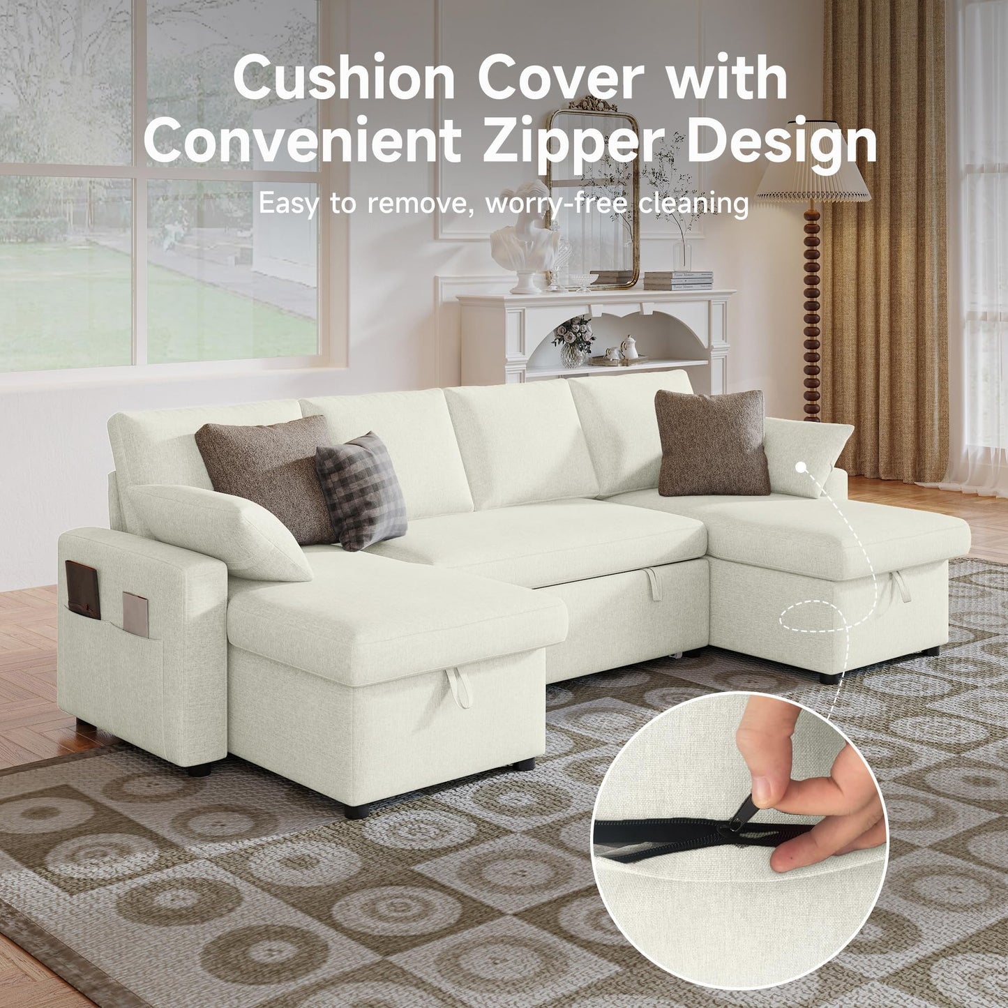 4-in-1 Sofa Bed, U Shaped Sleeper Sofa with Pull Out Bed and Double Storage Chaise Sectional Couch for Living Room, Apartment and Hotel