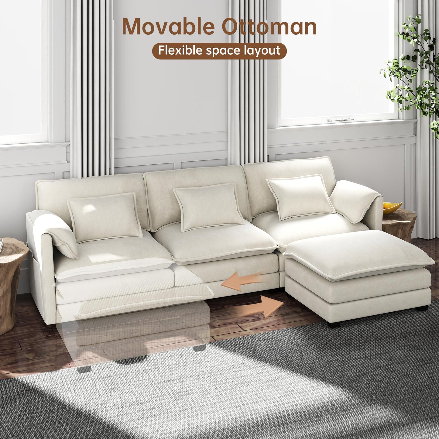 Modular Sectional Sofa, 145'' U Shaped Couch, Chenille Sofa with Movable Ottoman for Apartments, Living Room and Commercial Space, Beige
