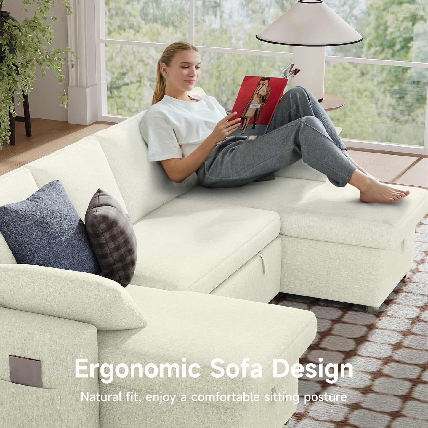 4-in-1 Sofa Bed, U Shaped Sleeper Sofa with Pull Out Bed and Double Storage Chaise Sectional Couch for Living Room, Apartment and Hotel