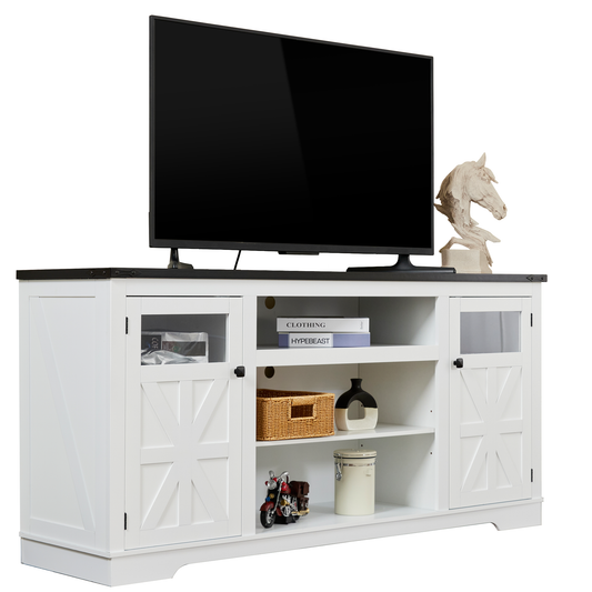 Farmhouse TV Stand for 75 in TV with Adjustable Partitions, 66 in TV Cabinet, 32 in Tall Entertainment Center, with Storage Shelves, MDF, Rustic Media Console, Suitable for Living Room, White