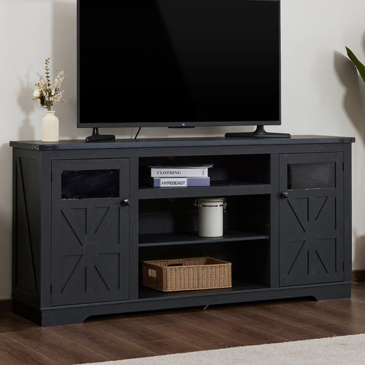 Farmhouse TV Stand for 75 in TV with Adjustable Partitions, 66 in TV Cabinet, 32 in Tall Entertainment Center, with Storage Shelves, MDF, Rustic Media Console, Suitable for Living Room, black