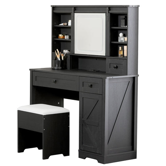 Farmhouse Makeup Vanity Desk with Electrical Outlet, Sliding Mirror and LED Lights, Adjustable Light Color Brightness, 42-Inch Tabletop Dresser, Multiple Storage Space, Dresser Set with a Stool, Black