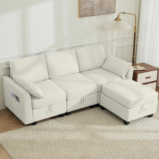 Convertible 3 Seats L-Shaped Sectional Sofa Couch, Linen Fabric Modular Sofa with Movable Ottoman for Small Apartments, Living Room, Office and Commercial Space, Beige