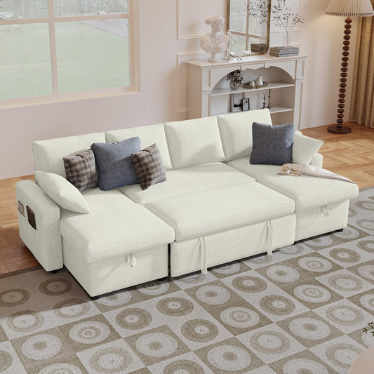 4-in-1 Sofa Bed, U Shaped Sleeper Sofa with Pull Out Bed and Double Storage Chaise Sectional Couch for Living Room, Apartment and Hotel