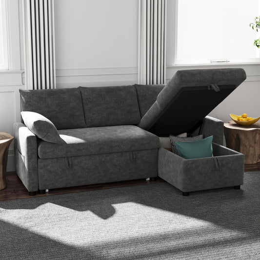 Sofa Bed, 80'' L Shape Chenille Sleeper Sofa Couch with Pull Out Bed and Storage Chaise for Living Room, Apartment and Hotel, Dark Gray | Chenille Fabric, Pull Out Bed, Storage Chaise, Sleeper Sofa Couch