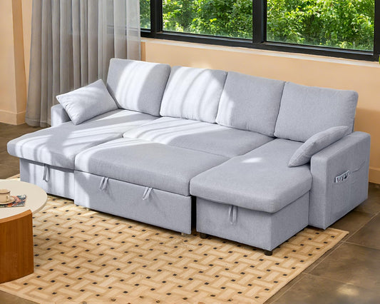 Sofa Bed, 105'' U-Shaped Sleeper Sofa with Pull Out Couch and Storage Chaise for Living Room, Apartment and Hotel, Linen, Light Gray
