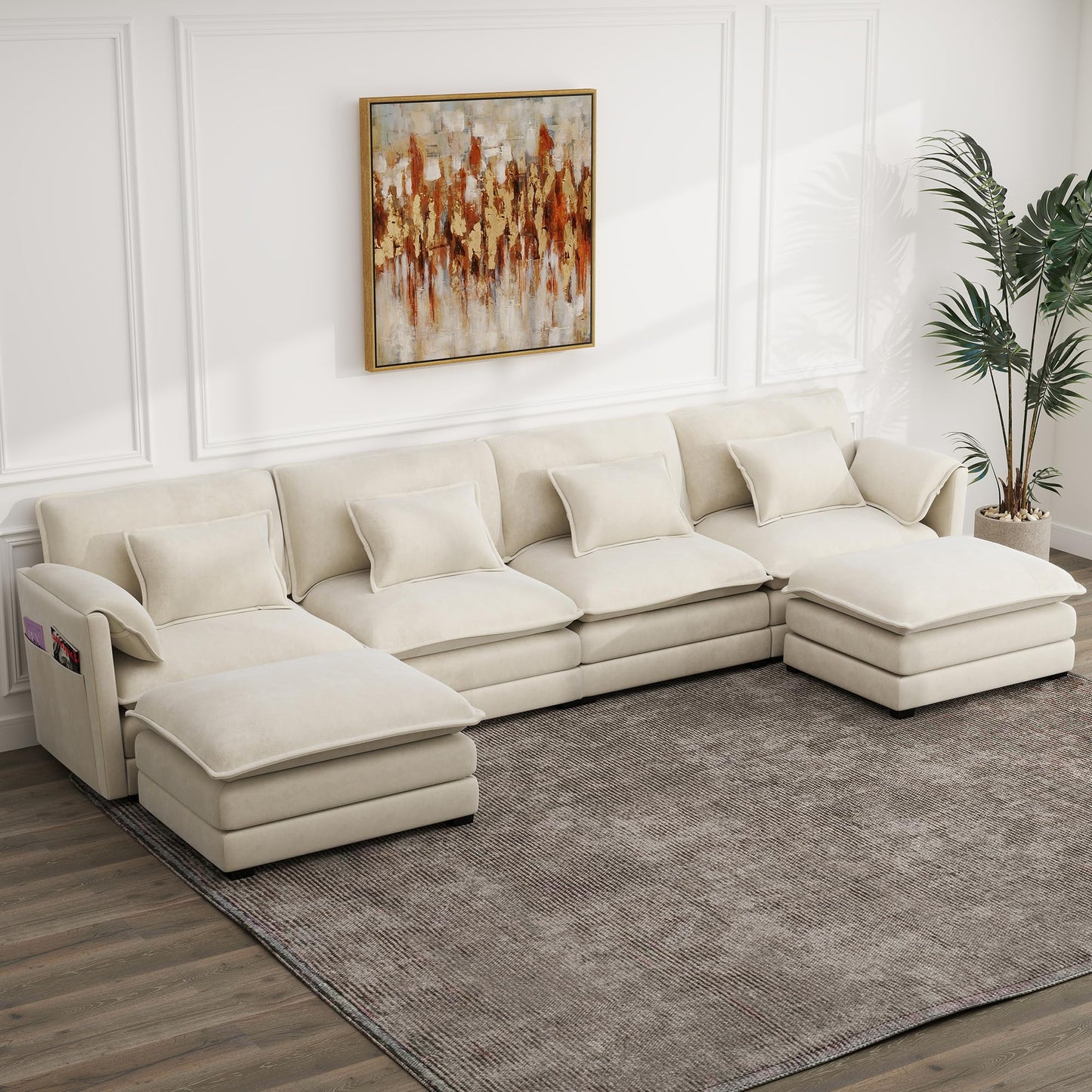 Modular Sectional Sofa, 145'' U Shaped Couch, Chenille Sofa with Movable Ottoman for Apartments, Living Room and Commercial Space, Beige