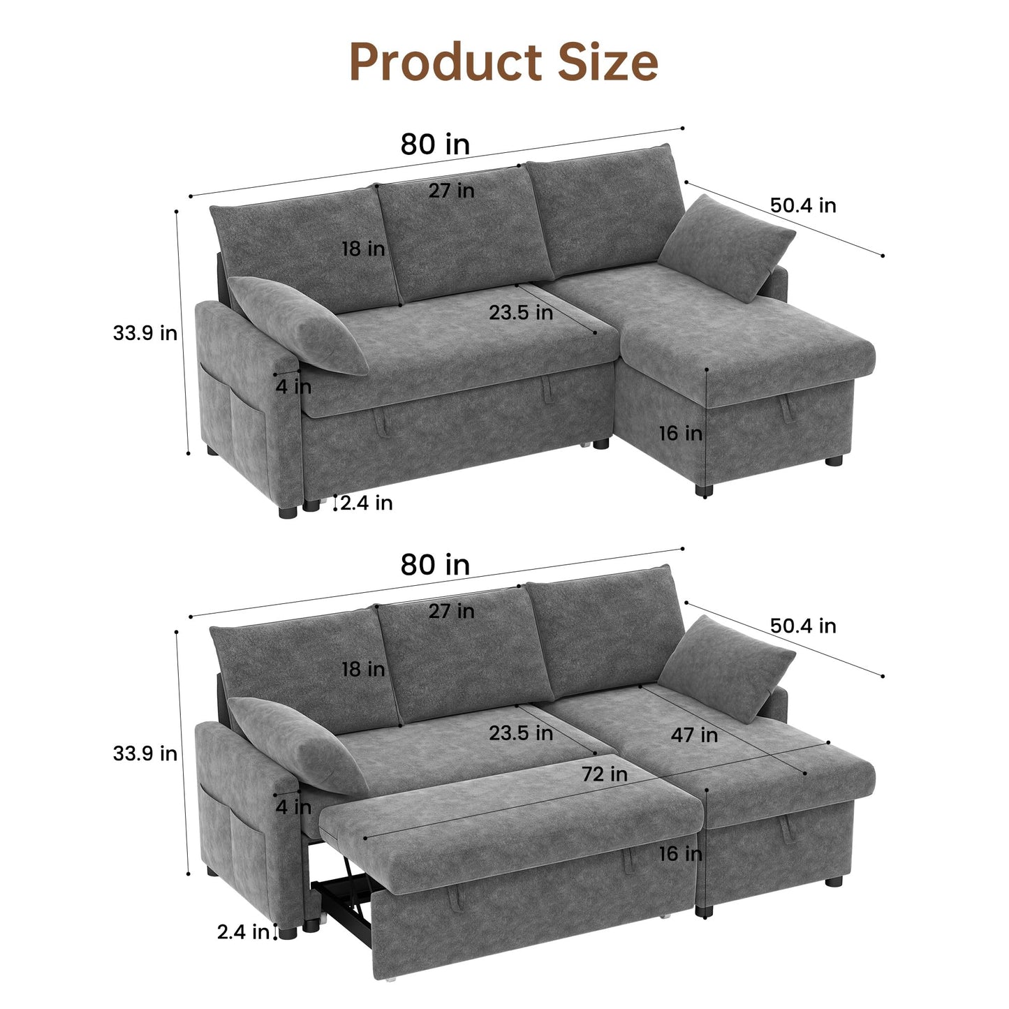 Sofa Bed, 80'' L Shape Chenille Sleeper Sofa Couch with Pull Out Bed and Storage Chaise for Living Room, Apartment and Hotel, Dark Gray | Chenille Fabric, Pull Out Bed, Storage Chaise, Sleeper Sofa Couch
