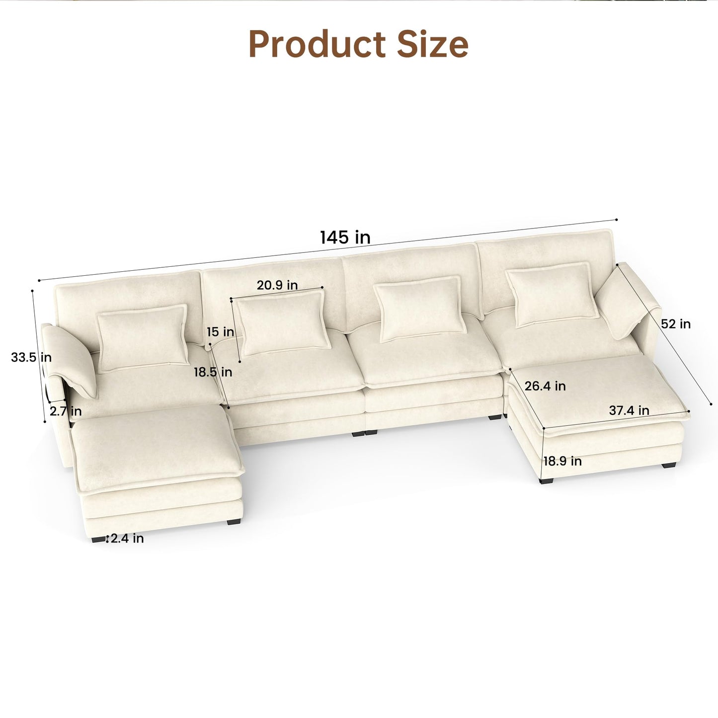 Modular Sectional Sofa, 145'' U Shaped Couch, Chenille Sofa with Movable Ottoman for Apartments, Living Room and Commercial Space, Beige