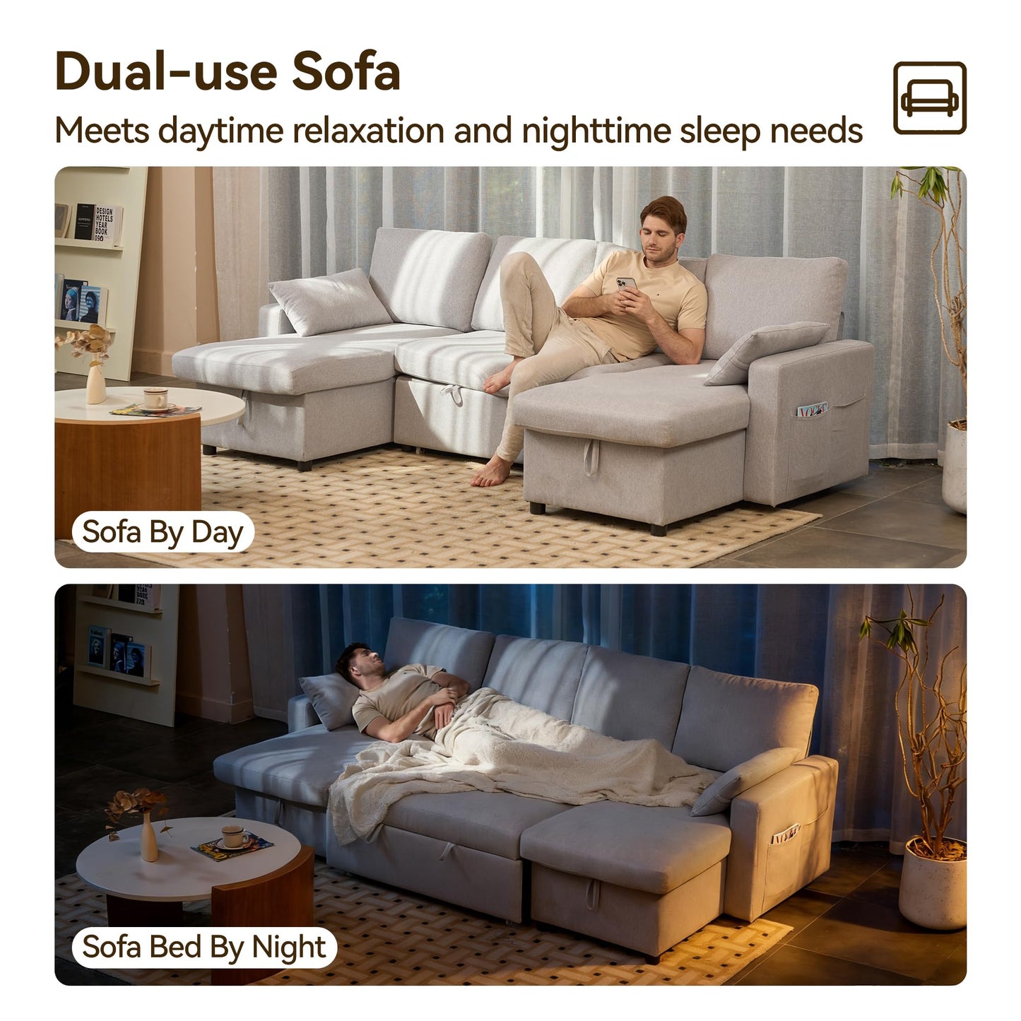 Sofa Bed, 105'' U-Shaped Sleeper Sofa with Pull Out Couch and Storage Chaise for Living Room, Apartment and Hotel, Linen, Light Gray