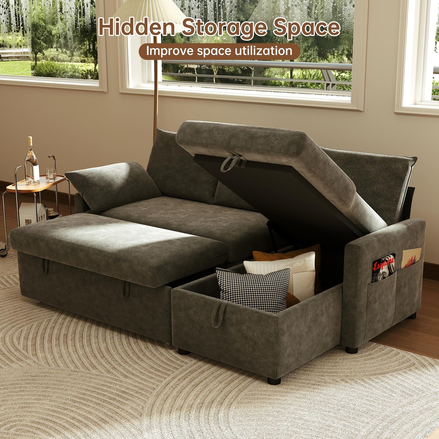 Sofa Bed, 80'' L Shape Chenille Sleeper Sofa Couch with Pull Out Bed and Storage Chaise for Living Room, Apartment and Hotel, Dark Gray | Chenille Fabric, Pull Out Bed, Storage Chaise, Sleeper Sofa Couch