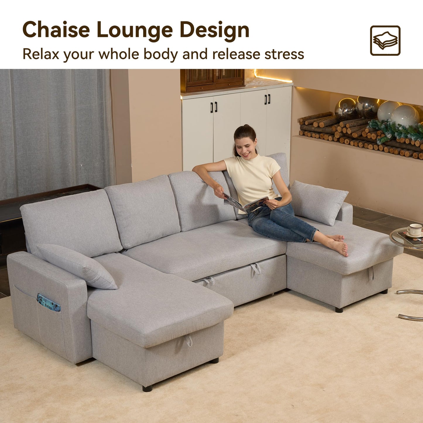 Sofa Bed, 105'' U-Shaped Sleeper Sofa with Pull Out Couch and Storage Chaise for Living Room, Apartment and Hotel, Linen, Light Gray